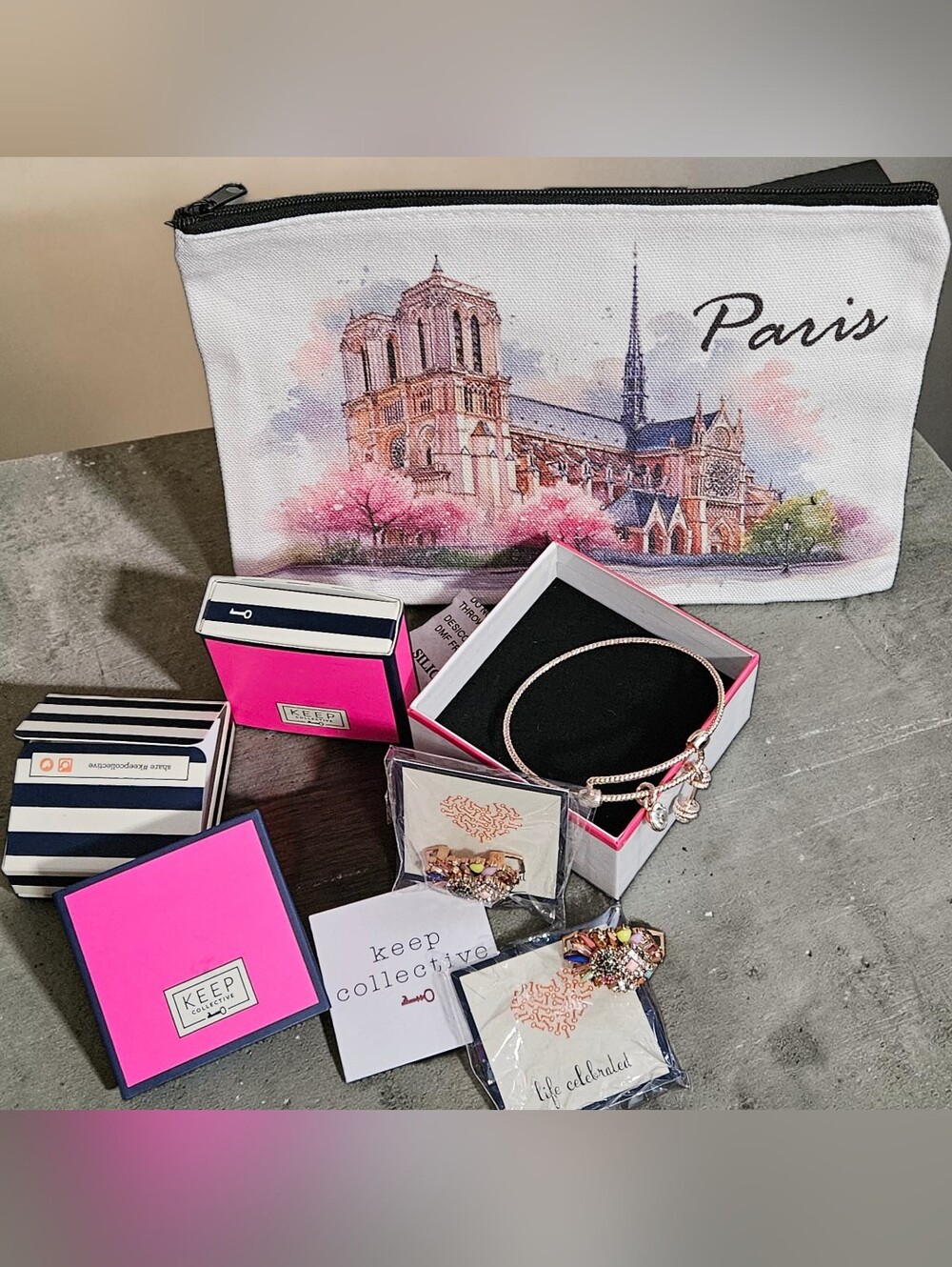 Mary Kay Rose Gold-tone Bangle, 2 Charms & Paris Themed Pouch - (4 Items) ~ NEW